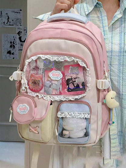 Kawaii Ita Bag Backpack with Lace Display Window | Large Capacity Japanese School Bag, Colorblock Design with Accessory Pouch