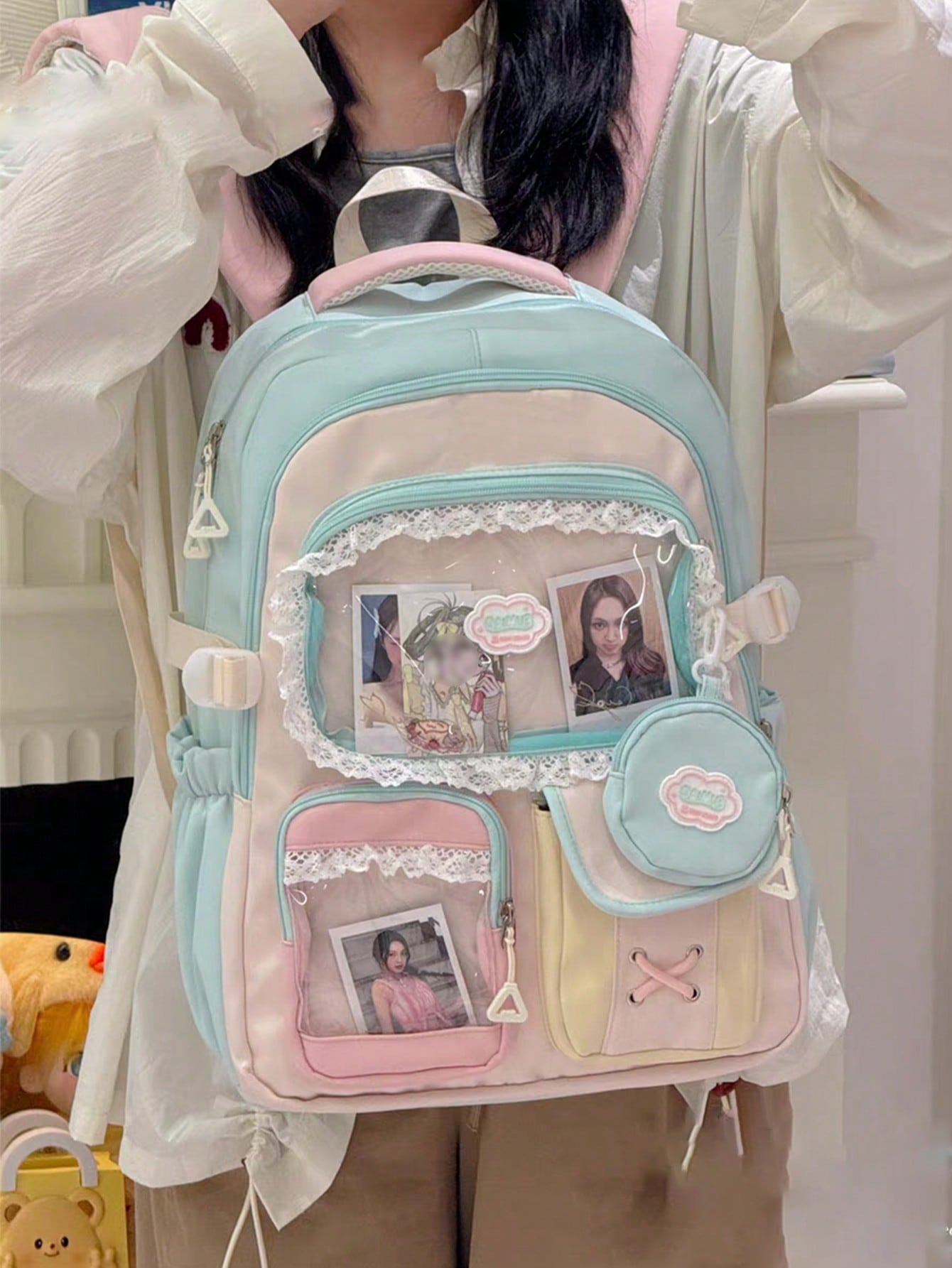 Kawaii Ita Bag Backpack with Lace Display Window | Large Capacity Japanese School Bag, Colorblock Design with Accessory Pouch