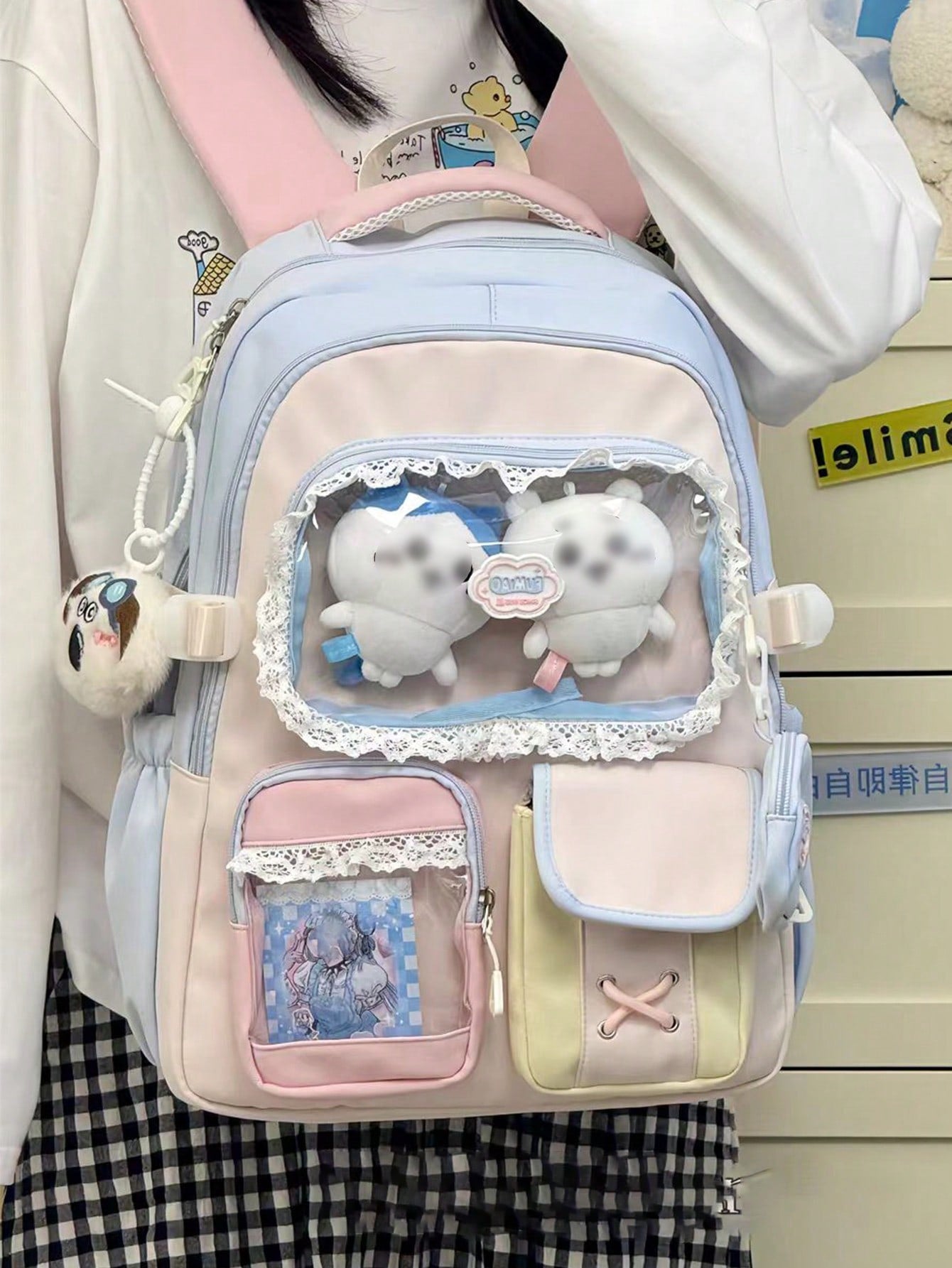 Kawaii Ita Bag Backpack with Lace Display Window | Large Capacity Japanese School Bag, Colorblock Design with Accessory Pouch