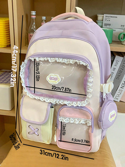 Kawaii Ita Bag Backpack with Lace Display Window | Large Capacity Japanese School Bag, Colorblock Design with Accessory Pouch