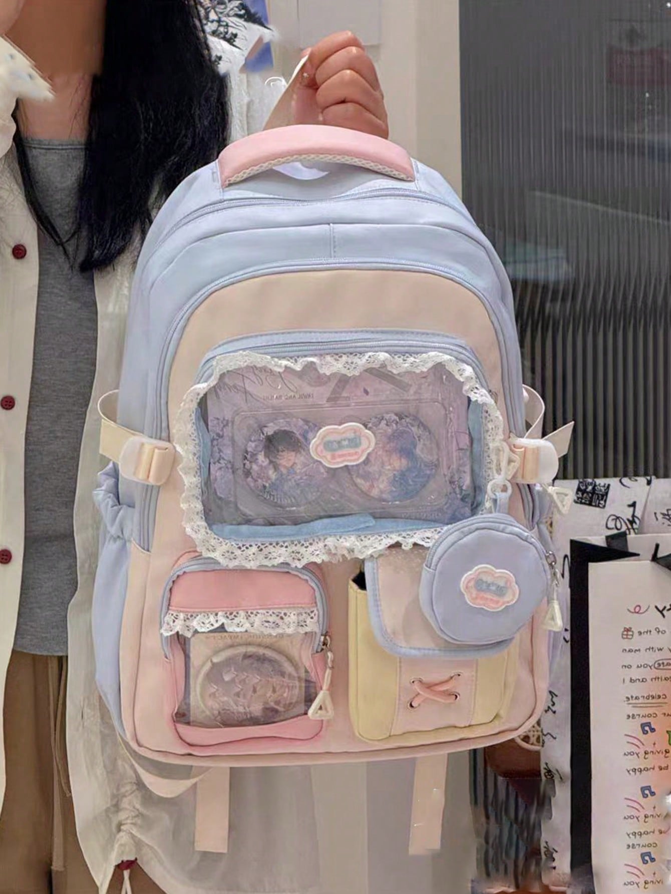 Kawaii Ita Bag Backpack with Lace Display Window | Large Capacity Japanese School Bag, Colorblock Design with Accessory Pouch