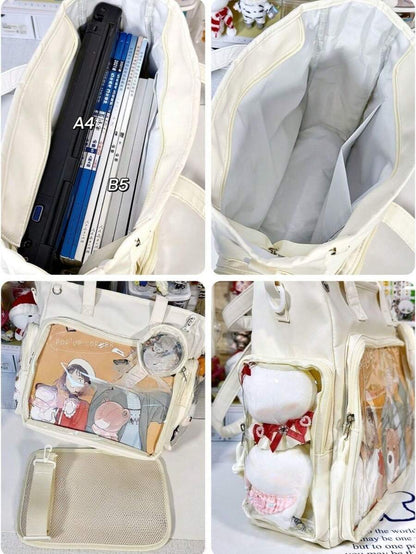 Interior and display views of cream ita tote bag