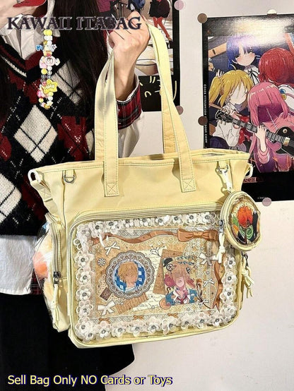 Yellow ita bag tote with anime merch in display window