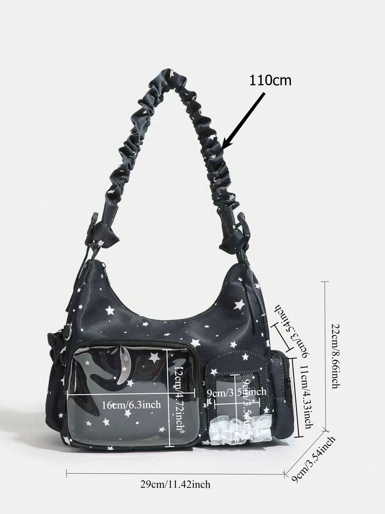 Ita bag dimensions showing 29cm width and 110cm strap length