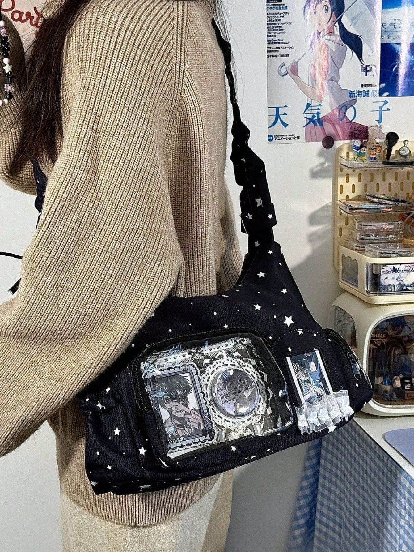 Kawaii Star Print Ita Shoulder Bag with Clear Display Window & Ruched Strap