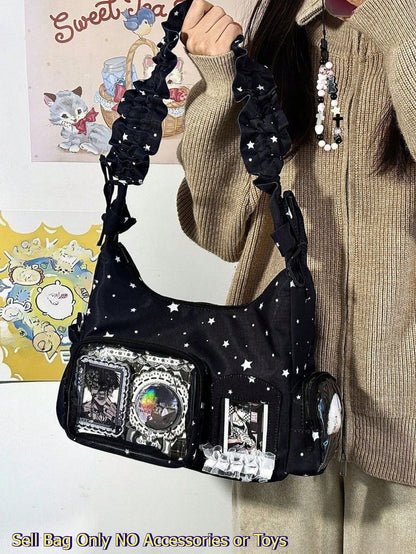 Kawaii Star Print Ita Shoulder Bag with Clear Display Window & Ruched Strap