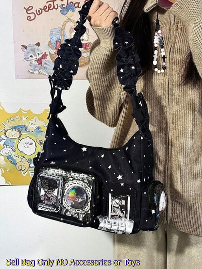 Kawaii Star Print Ita Bag – Shoulder Hobo Bag with Clear Display Window & Ruffle Strap