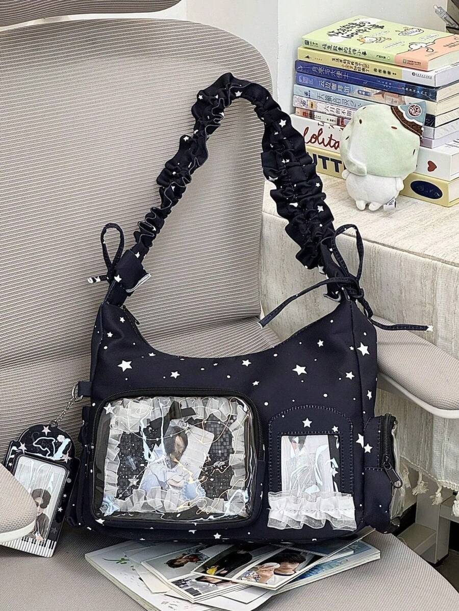 Kawaii Star Print Ita Bag – Shoulder Hobo Bag with Clear Display Window & Ruffle Strap