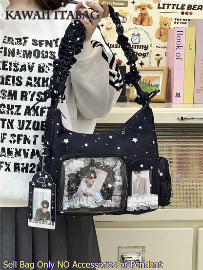 Kawaii Star Print Ita Shoulder Bag with Clear Display Window & Ruched Strap