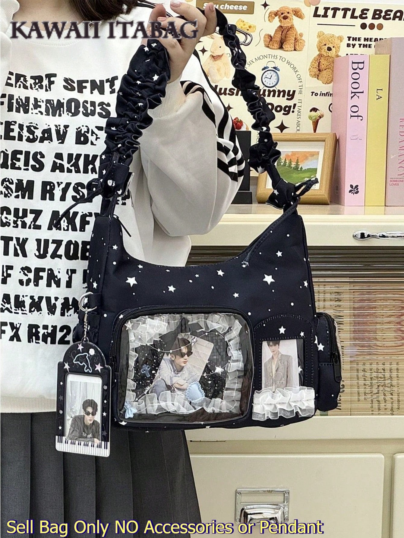 Kawaii Star Print Ita Shoulder Bag with Clear Display Window & Ruched Strap