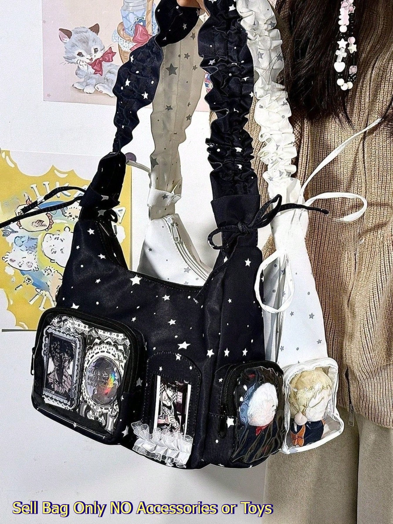 Kawaii Star Print Ita Shoulder Bag with Clear Display Window & Ruched Strap