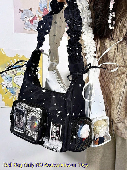 Kawaii Star Print Ita Shoulder Bag with Clear Display Window & Ruched Strap