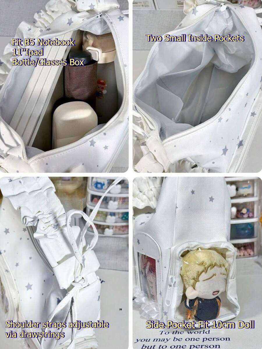 Interior capacity and strap detail of white star ita bag