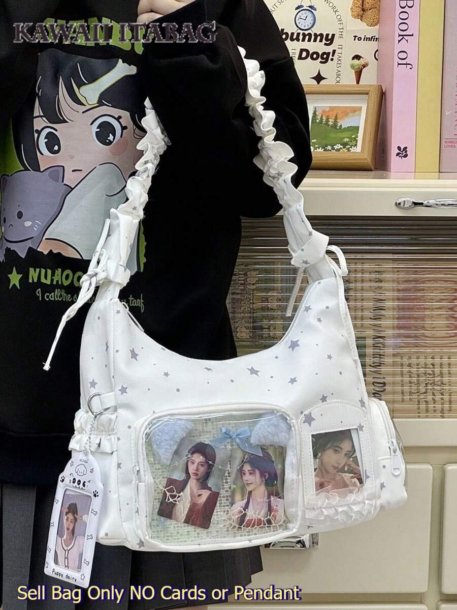 White star ita bag with ruffled strap on chair with photocards