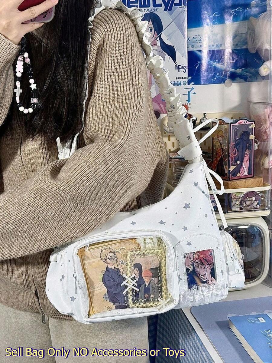 Kawaii Star Print Ita Bag – Shoulder Hobo Bag with Clear Display Window & Ruffle Strap