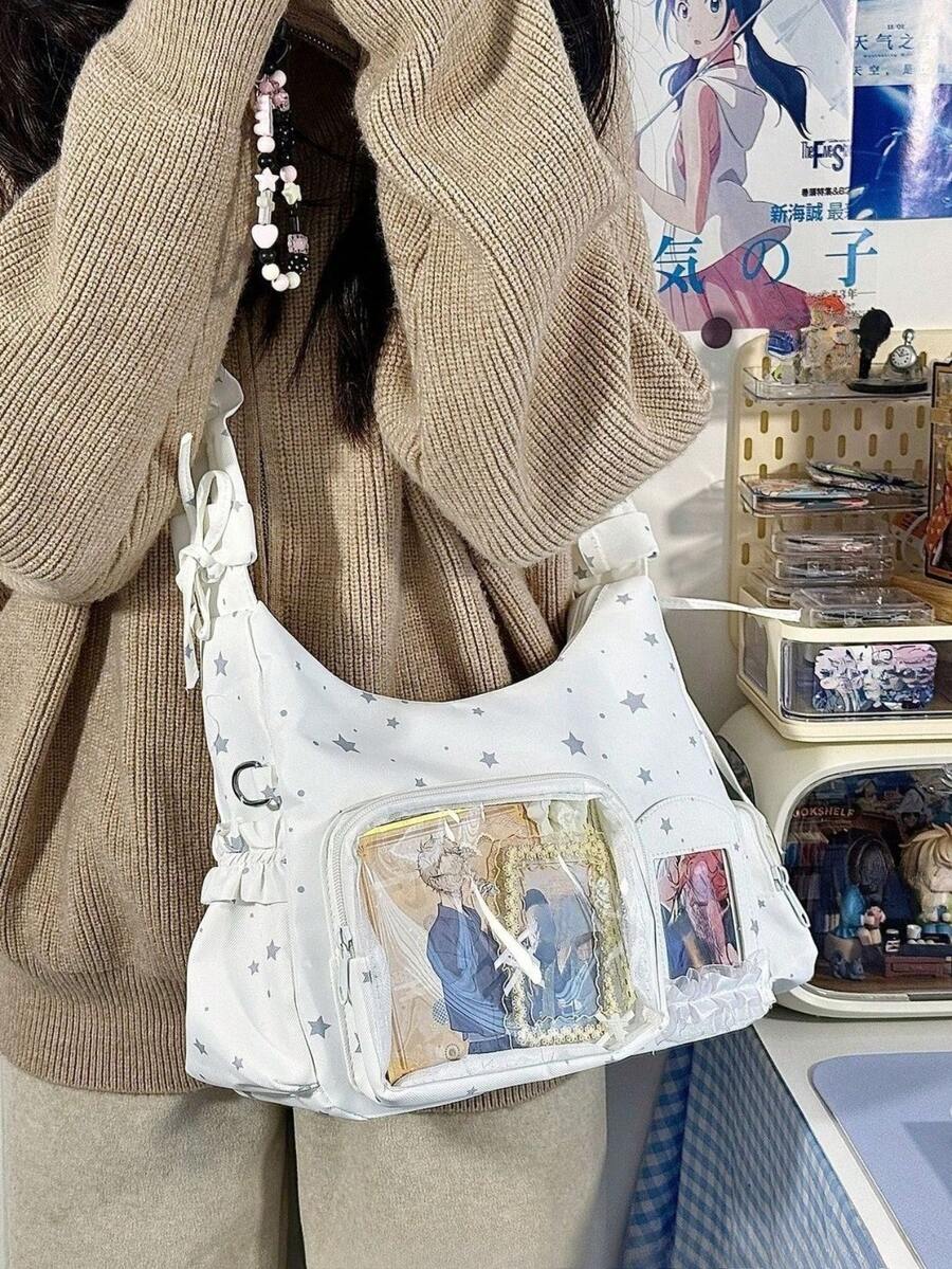 Kawaii Star Print Ita Bag – Shoulder Hobo Bag with Clear Display Window & Ruffle Strap