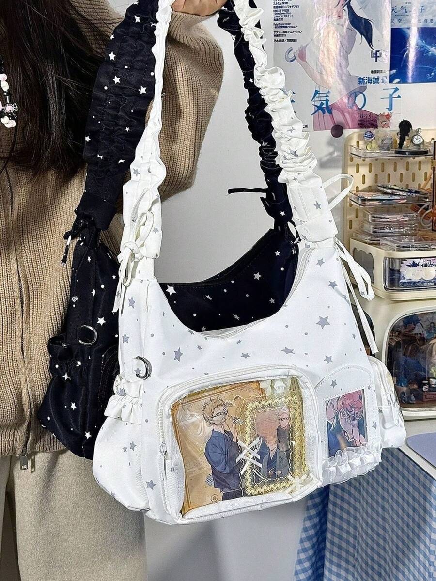 Kawaii Star Print Ita Bag – Shoulder Hobo Bag with Clear Display Window & Ruffle Strap