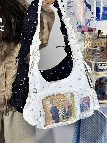 Kawaii Star Print Ita Bag – Shoulder Hobo Bag with Clear Display Window & Ruffle Strap
