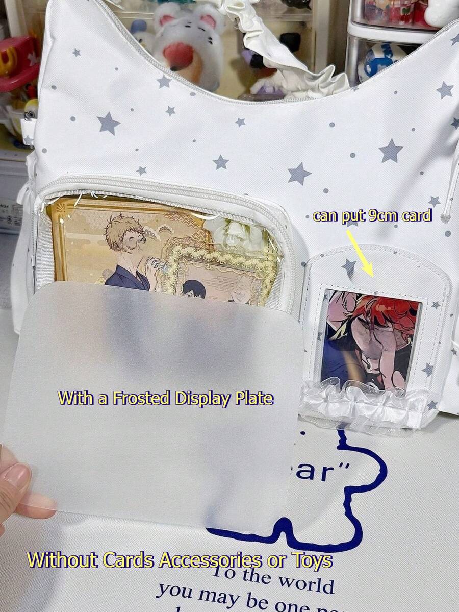 Kawaii Star Print Ita Bag – Shoulder Hobo Bag with Clear Display Window & Ruffle Strap