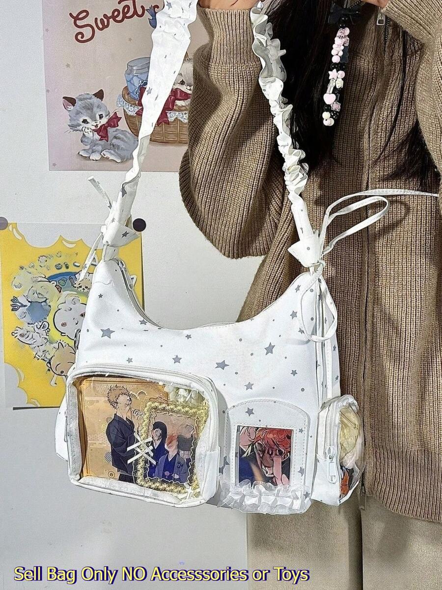 Kawaii Star Print Ita Bag – Shoulder Hobo Bag with Clear Display Window & Ruffle Strap