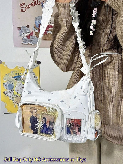Kawaii Star Print Ita Bag – Shoulder Hobo Bag with Clear Display Window & Ruffle Strap