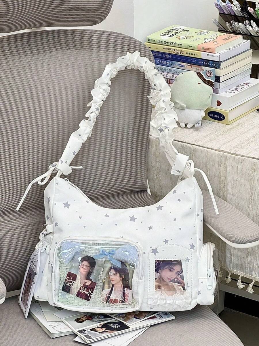Kawaii Star Print Ita Bag – Shoulder Hobo Bag with Clear Display Window & Ruffle Strap