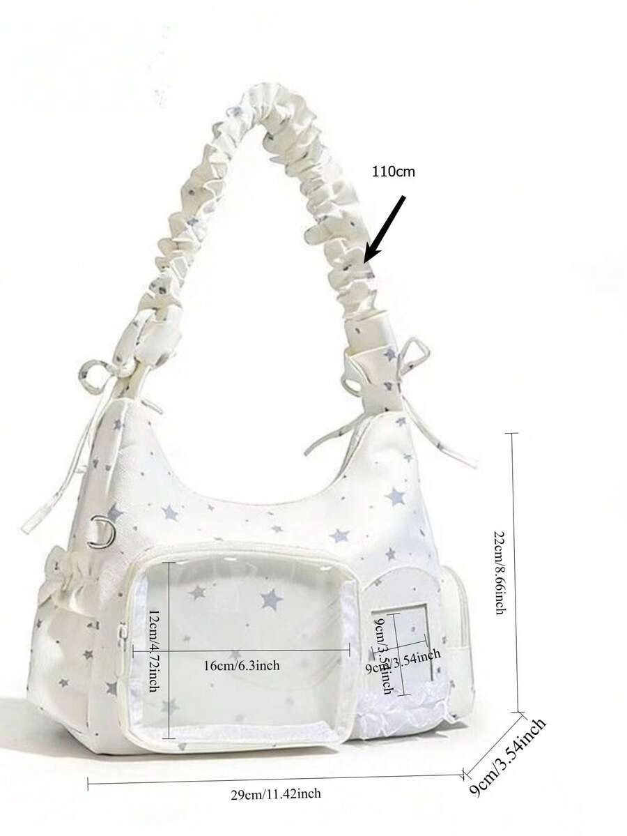 Kawaii Star Print Ita Bag – Shoulder Hobo Bag with Clear Display Window & Ruffle Strap