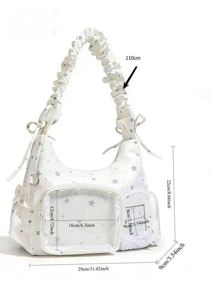 Kawaii Star Print Ita Bag – Shoulder Hobo Bag with Clear Display Window & Ruffle Strap