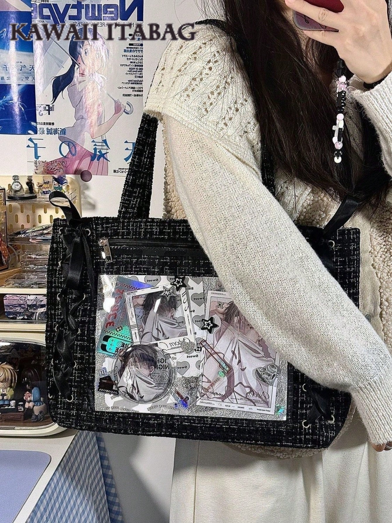 Woven Texture Tote Ita Bag | Clear Window Display Bag for Anime Merch & Badges