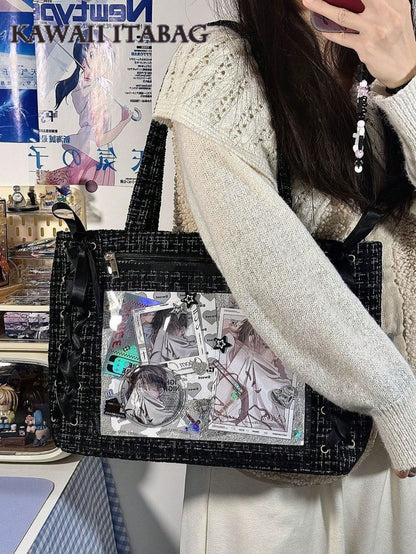 Woven Texture Tote Ita Bag | Clear Window Display Bag for Anime Merch & Badges