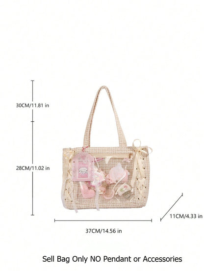 Woven Texture Tote Ita Bag | Clear Window Display Bag for Anime Merch & Badges