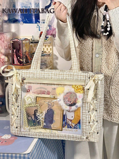 Woven Texture Tote Ita Bag | Clear Window Display Bag for Anime Merch & Badges