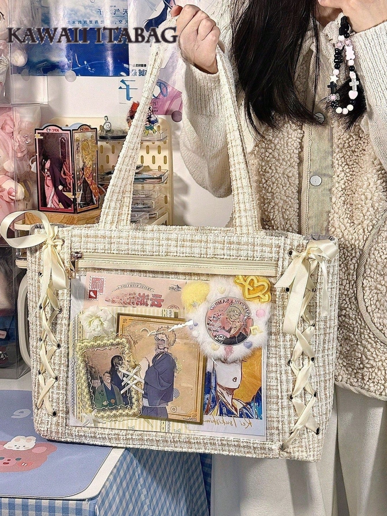 Woven Texture Tote Ita Bag | Clear Window Display Bag for Anime Merch & Badges