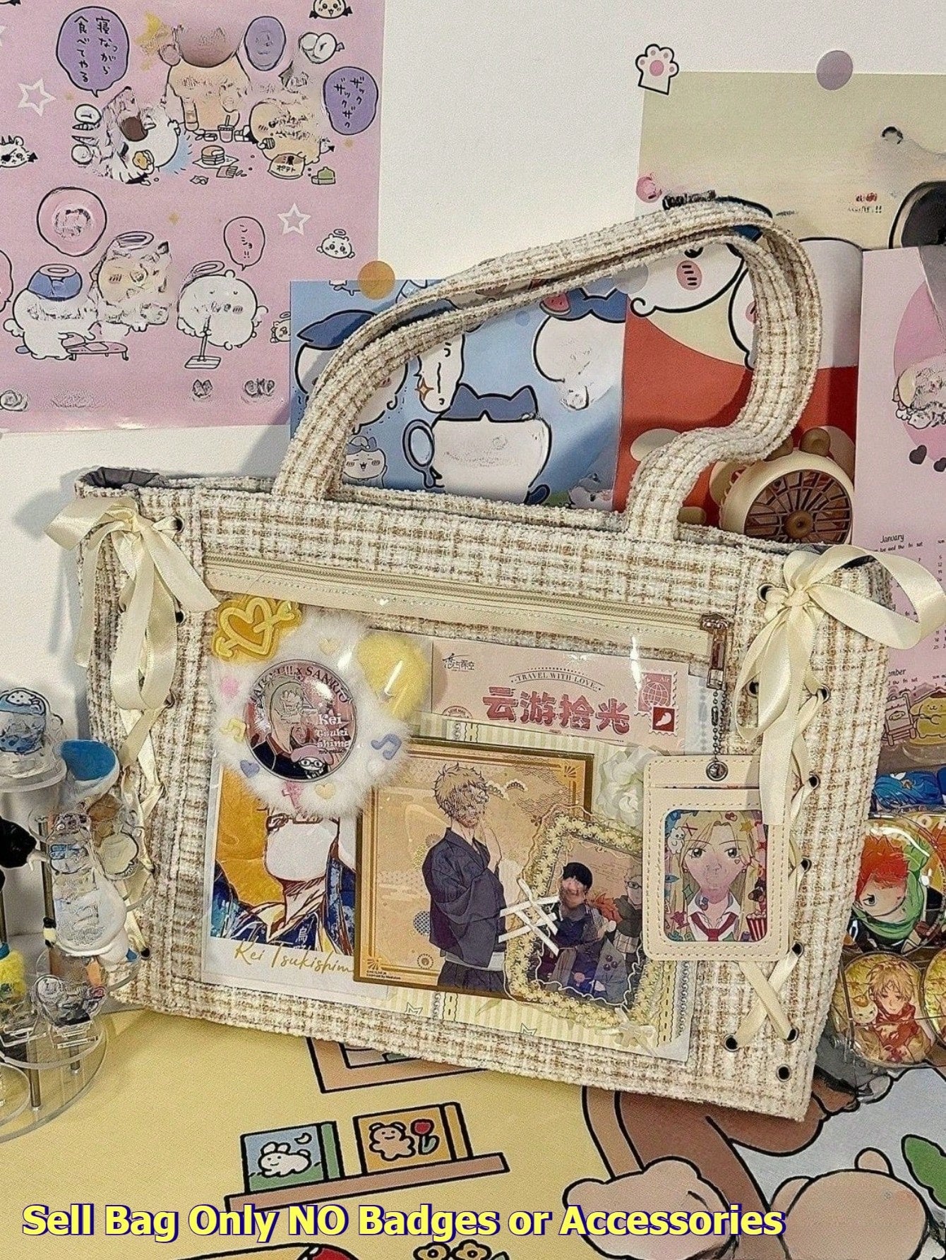 Woven Texture Tote Ita Bag | Clear Window Display Bag for Anime Merch & Badges