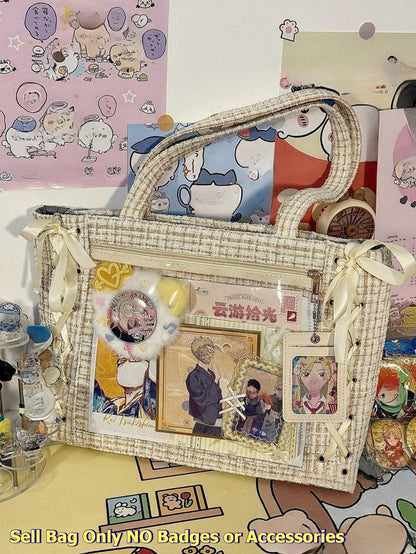 Woven Texture Tote Ita Bag | Clear Window Display Bag for Anime Merch & Badges