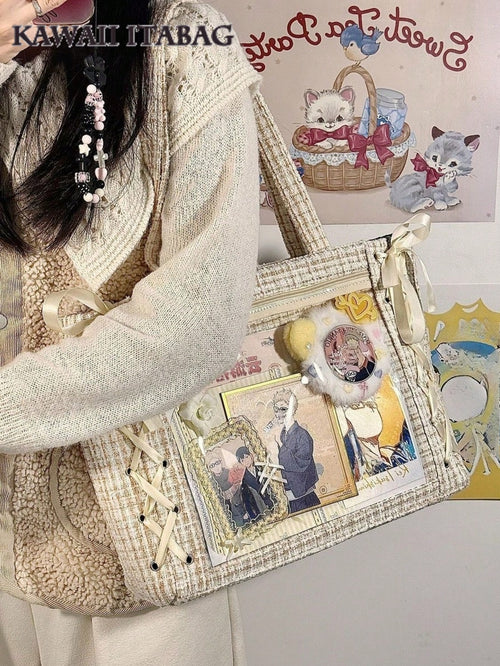 Woven Texture Tote Ita Bag | Clear Window Display Bag for Anime Merch & Badges - alternate view