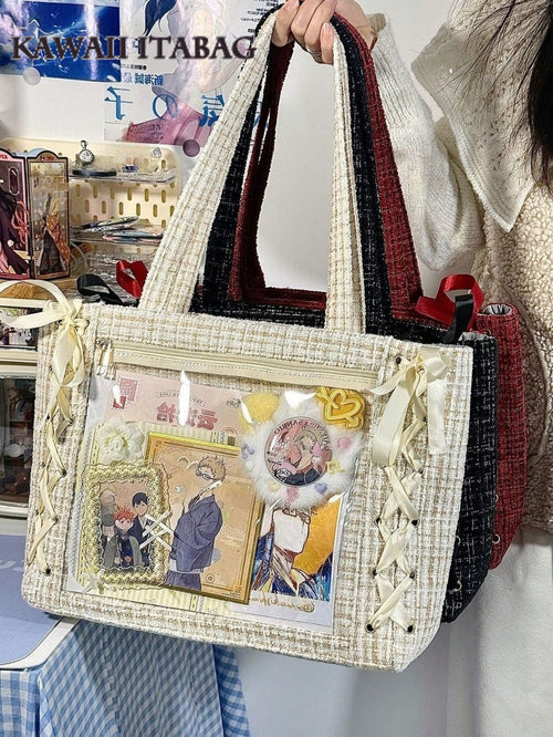 Woven Texture Tote Ita Bag | Clear Window Display Bag for Anime Merch & Badges