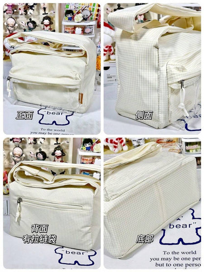Four exterior views of cream grid-weave ita messenger bag showing front, side, back zip pocket, and flat base
