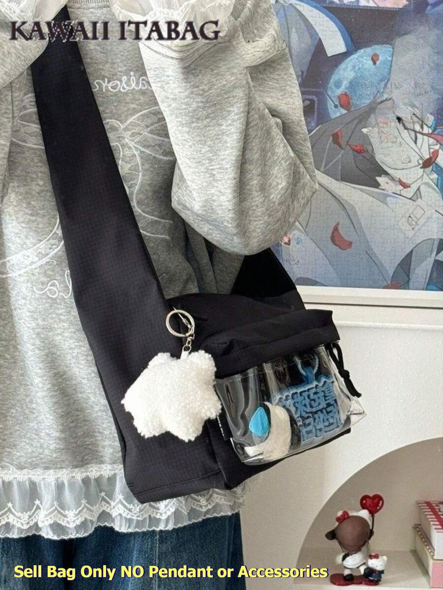 Black version of kawaii ita crossbody bag worn over shoulder with anime charms and plush figure in clear pocket