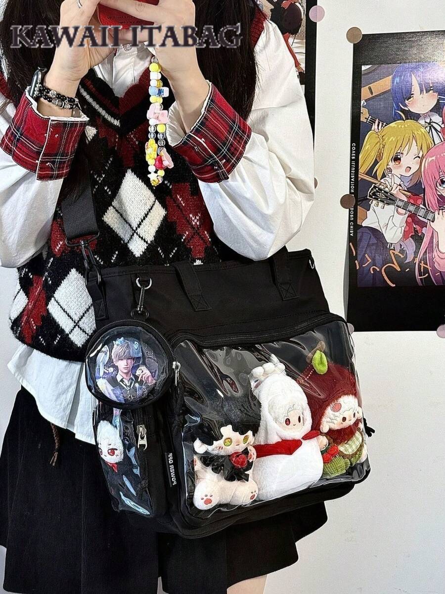 Black ita bag tote with plushies in clear front window