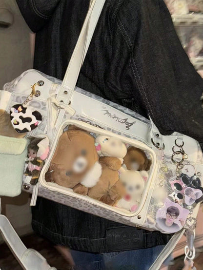 Kawaii Boston Ita Bag with Clear Display Window | Y2K Duffle Ita Shoulder Bag for Plushies & K-Pop Merch