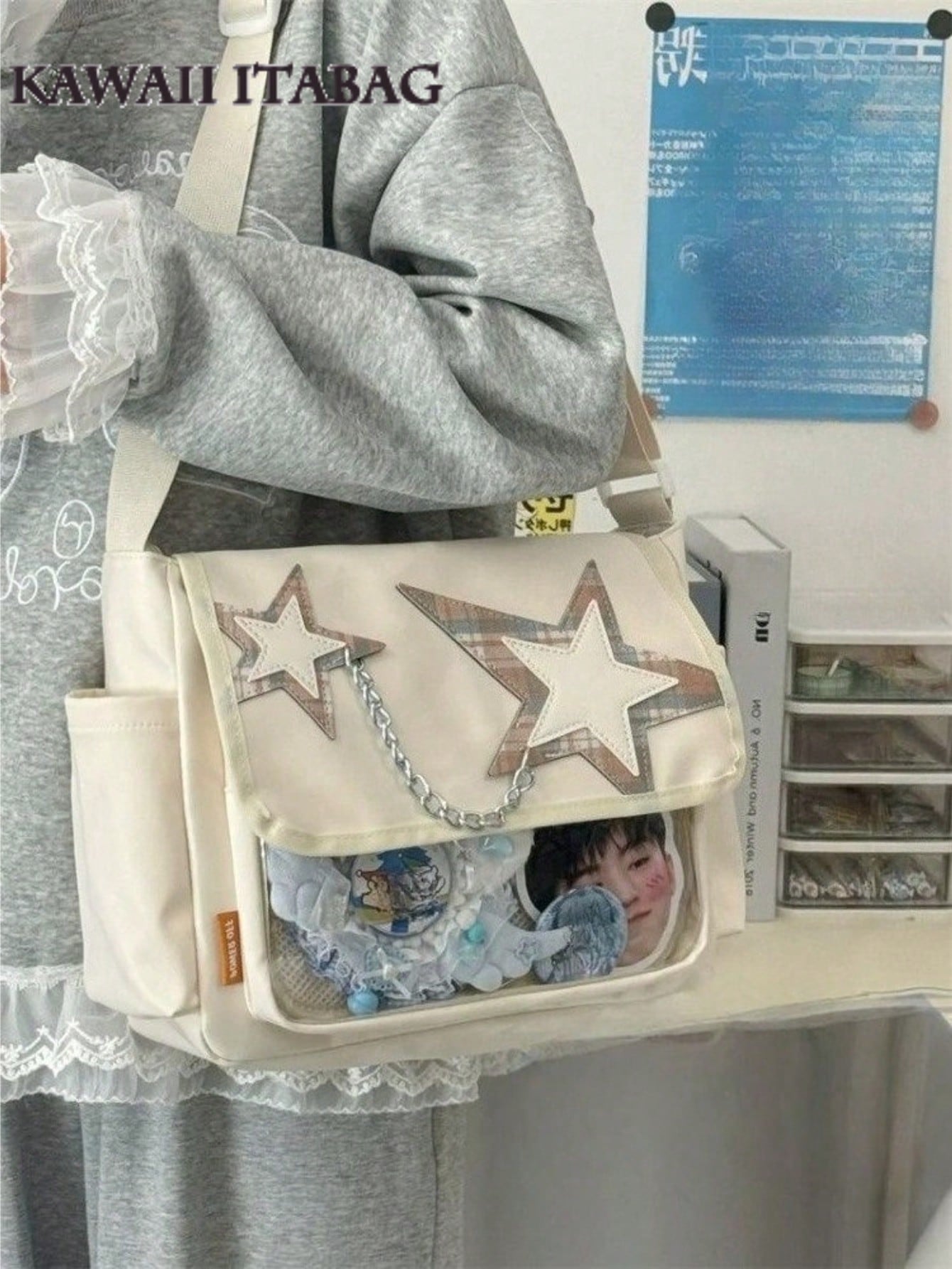 Star Chain Kawaii Ita Messenger Bag | Y2K Crossbody Ita Bag with Clear Display Window