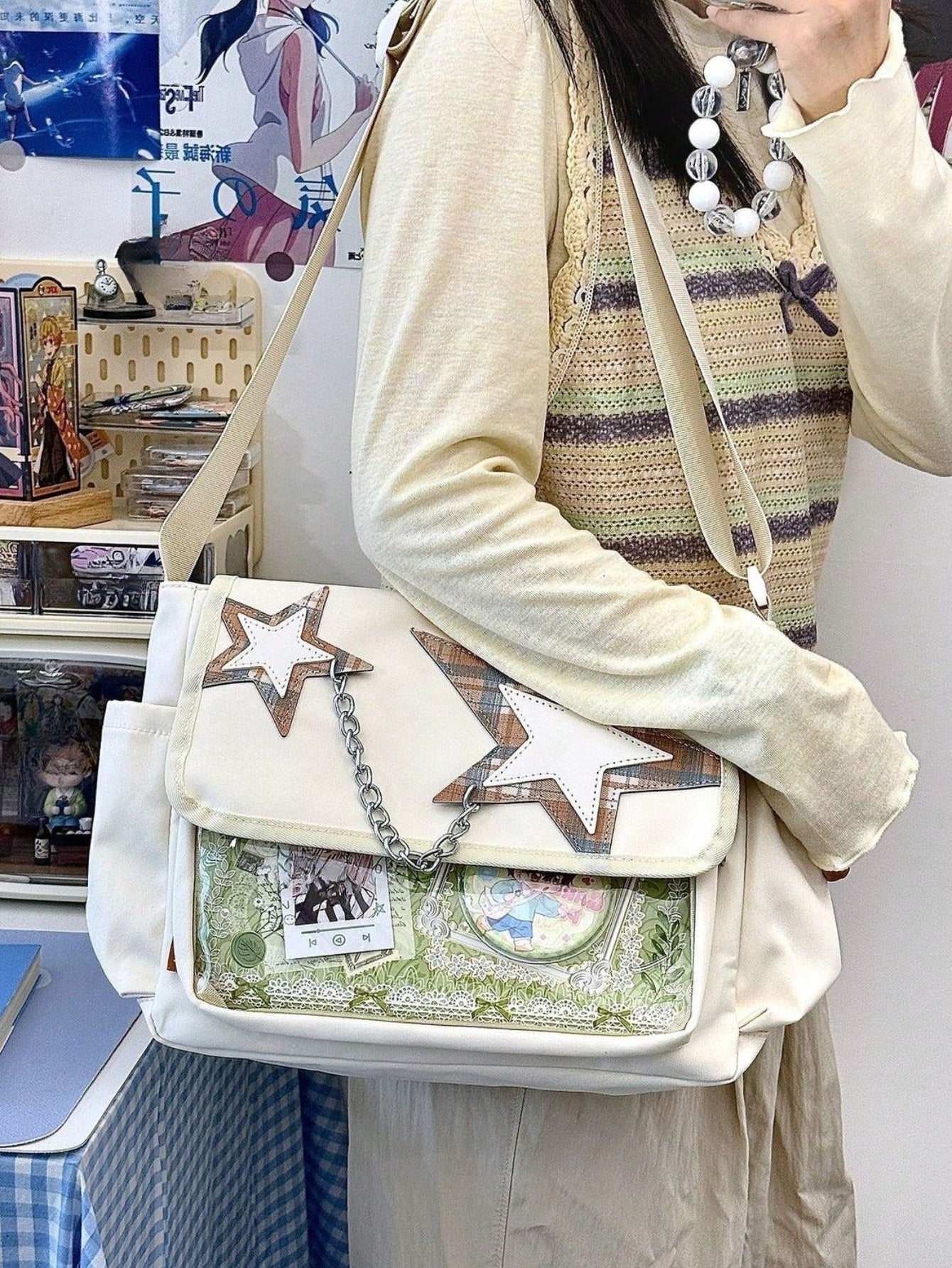 Star Chain Kawaii Ita Messenger Bag | Y2K Crossbody Ita Bag with Clear Display Window