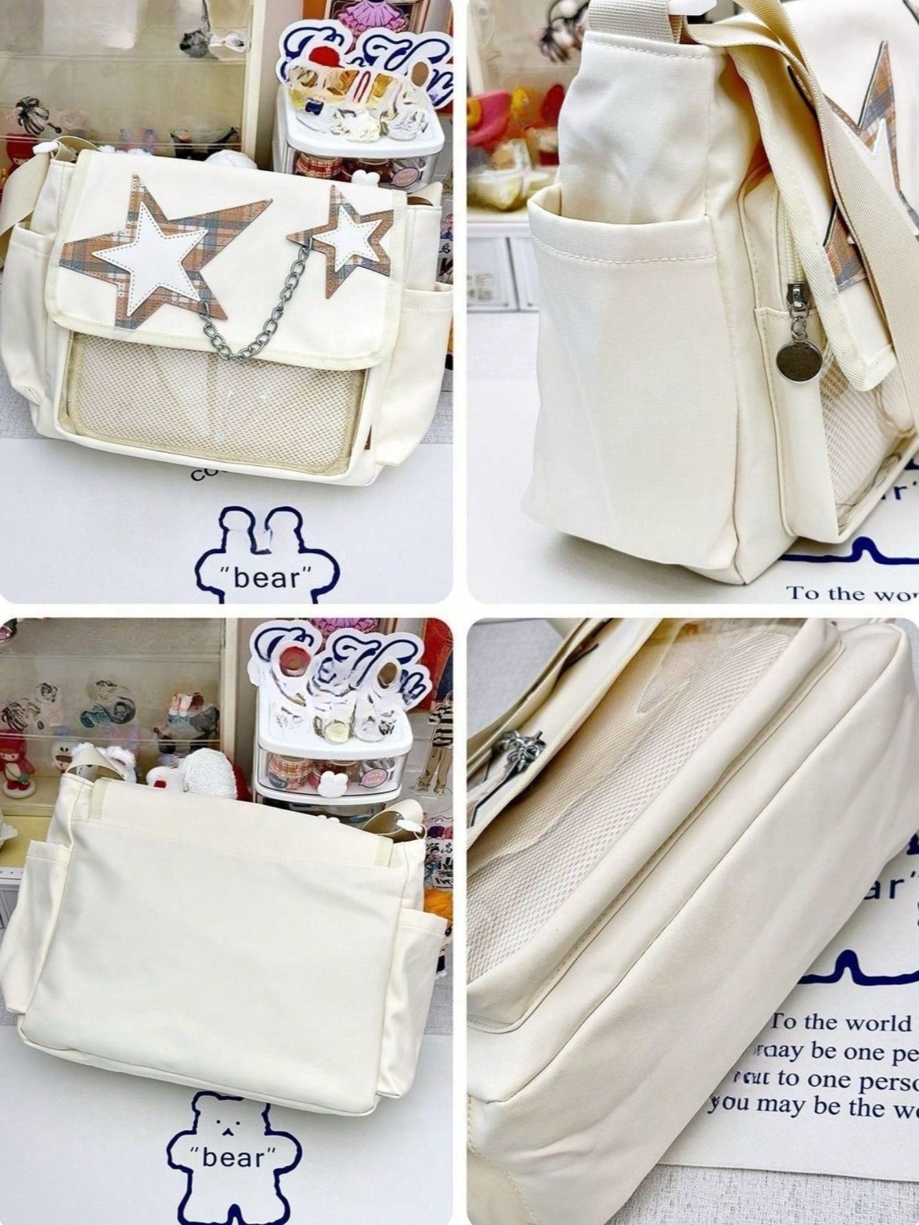Four angle shots of cream bag structure and back panel