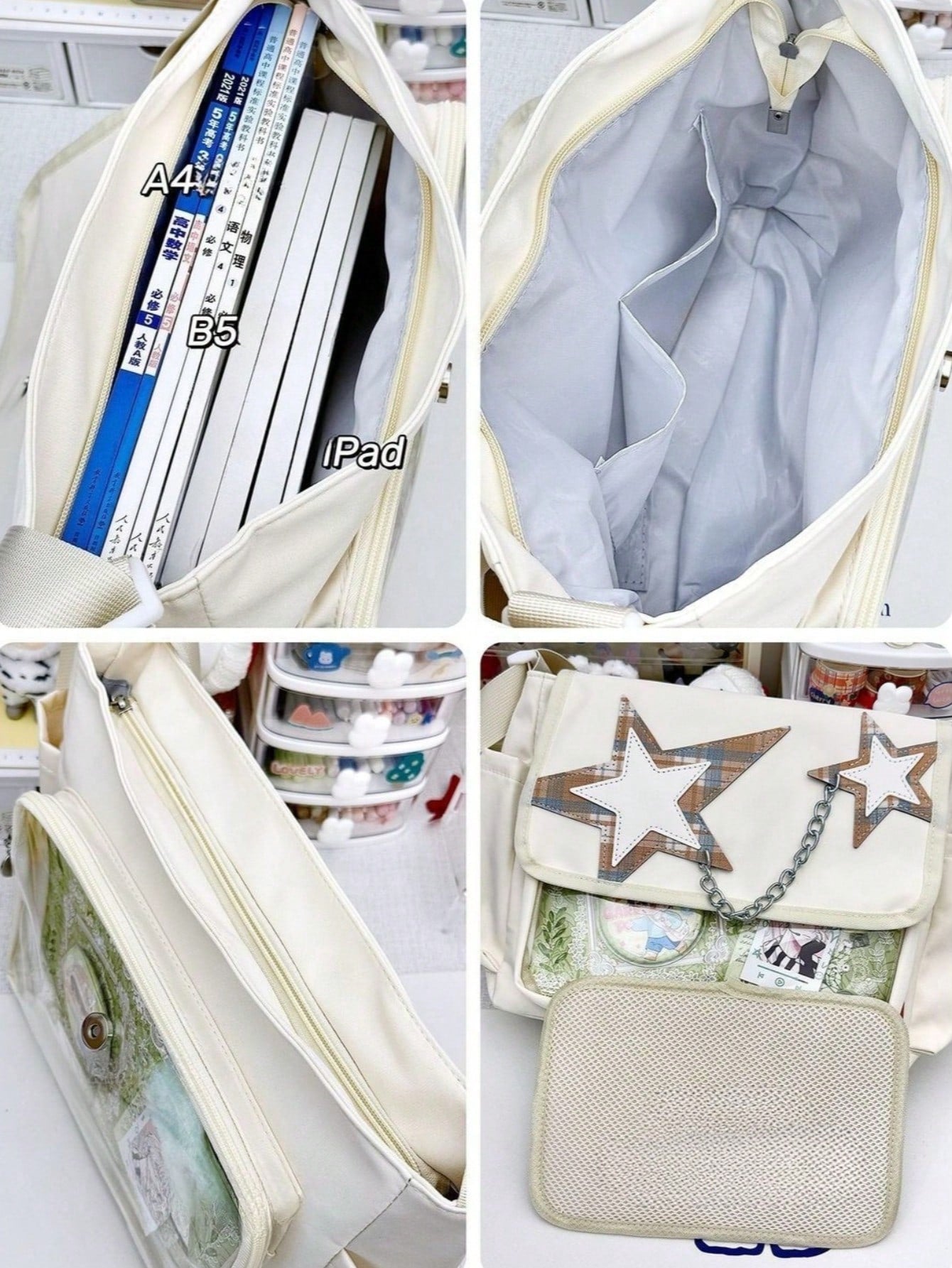 Four detail shots showing interior capacity and pockets