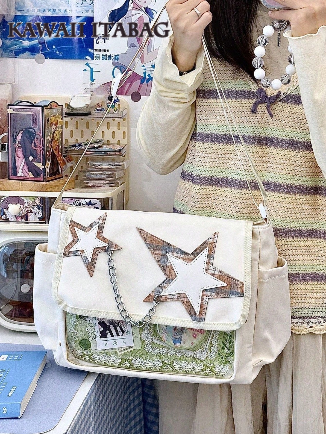 Star Chain Kawaii Ita Messenger Bag | Y2K Crossbody Ita Bag with Clear Display Window