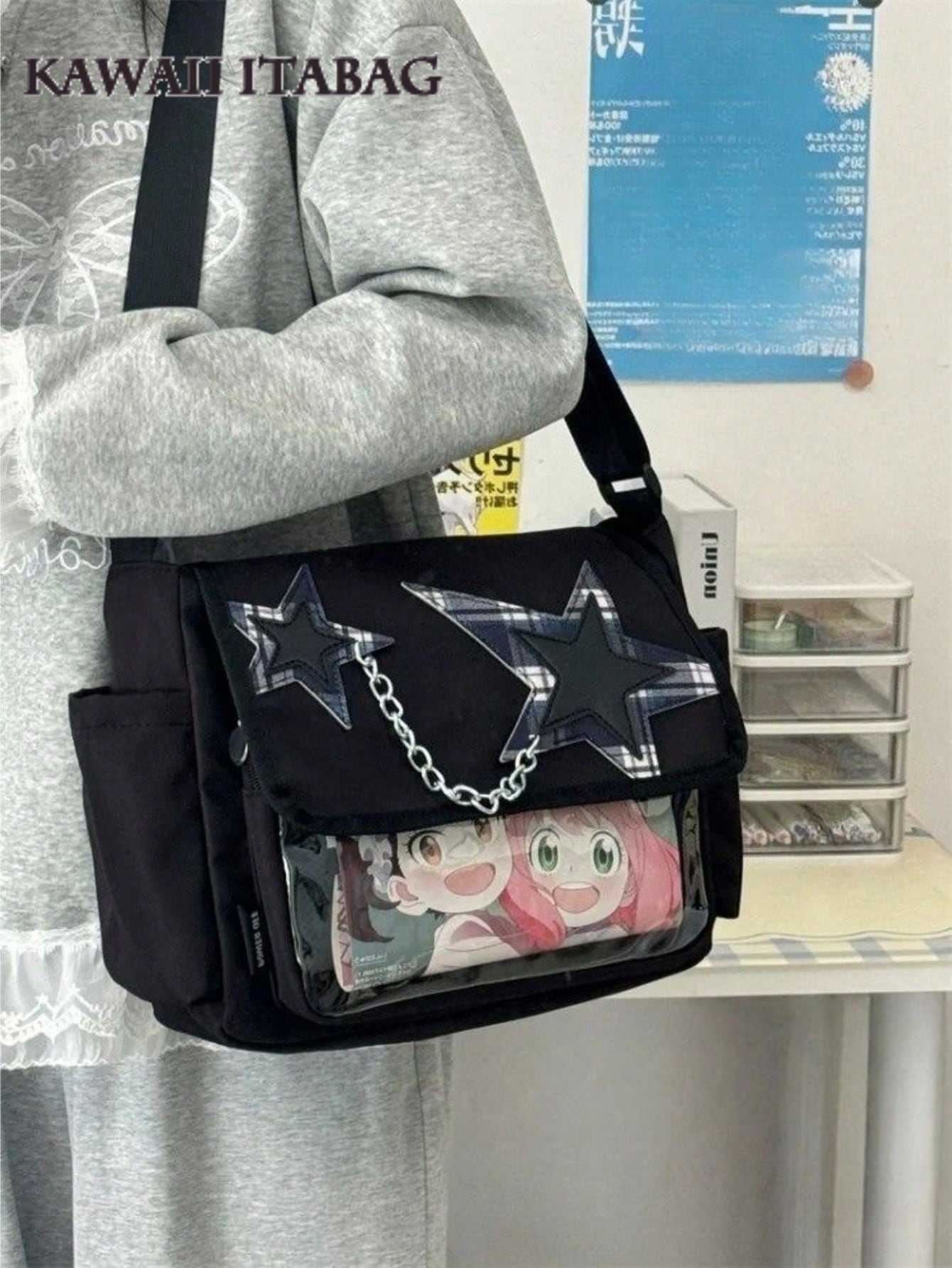 Star Chain Kawaii Ita Messenger Bag | Y2K Crossbody Ita Bag with Clear Display Window