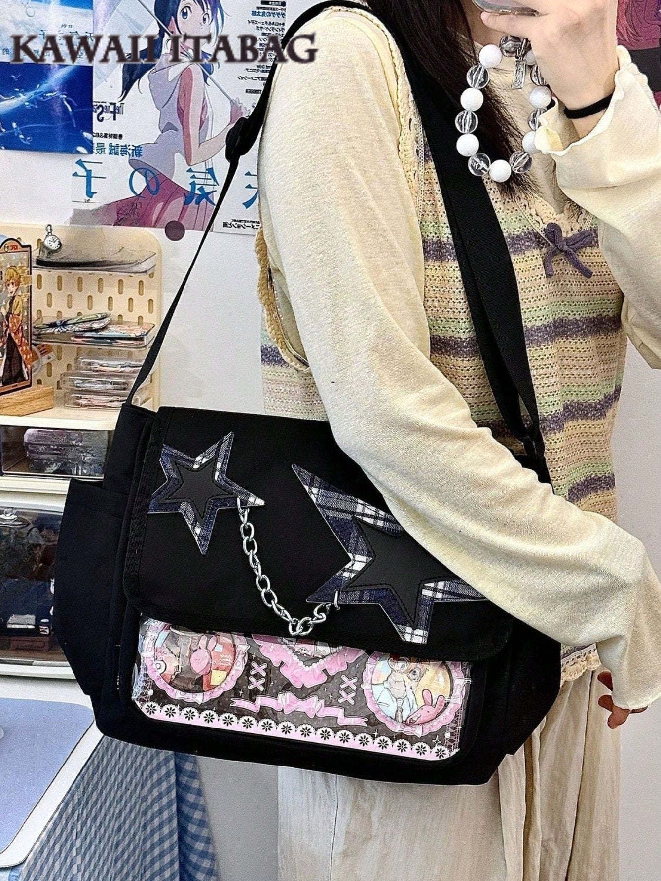 Star Chain Kawaii Ita Messenger Bag | Y2K Crossbody Ita Bag with Clear Display Window