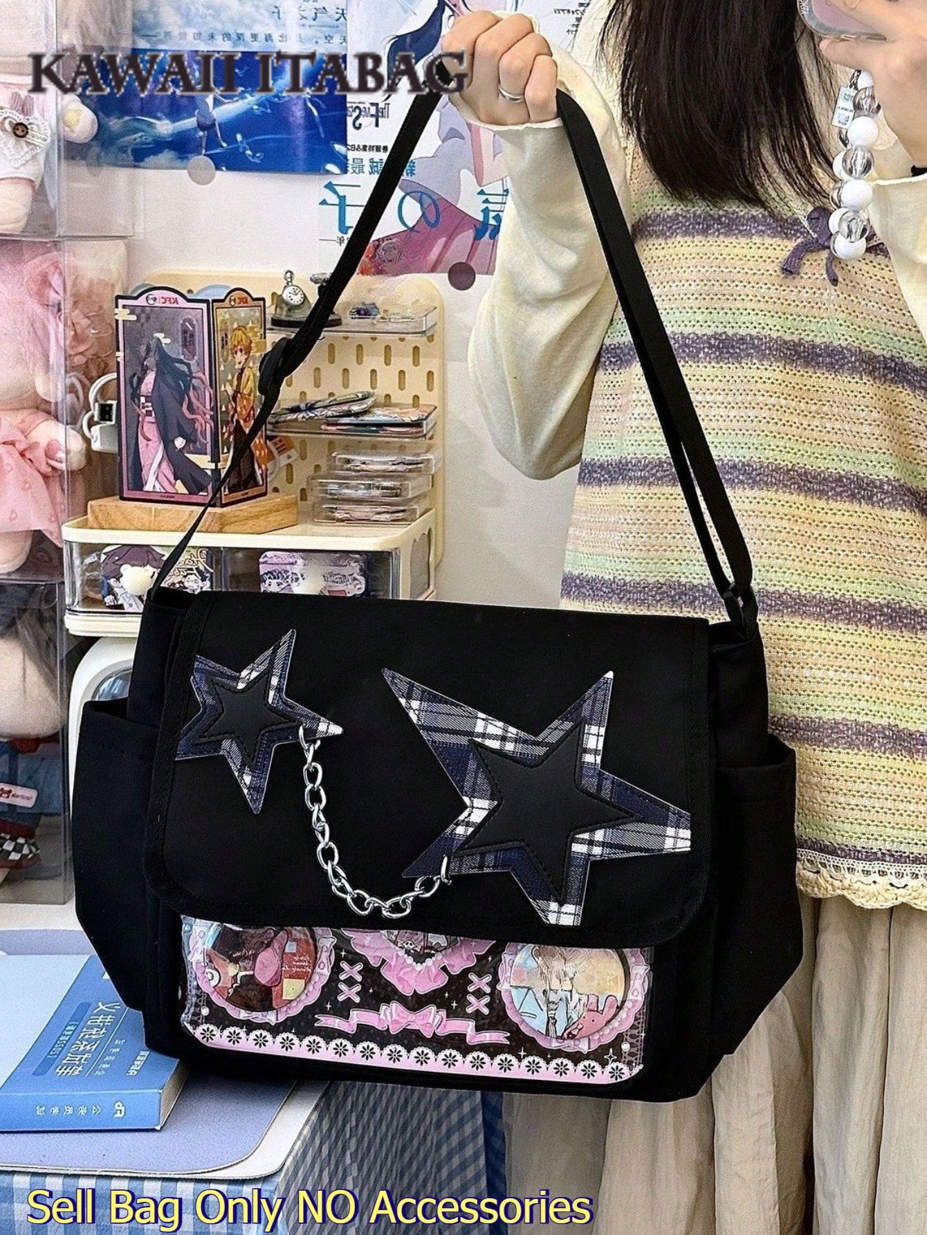 Star Chain Kawaii Ita Messenger Bag | Y2K Crossbody Ita Bag with Clear Display Window