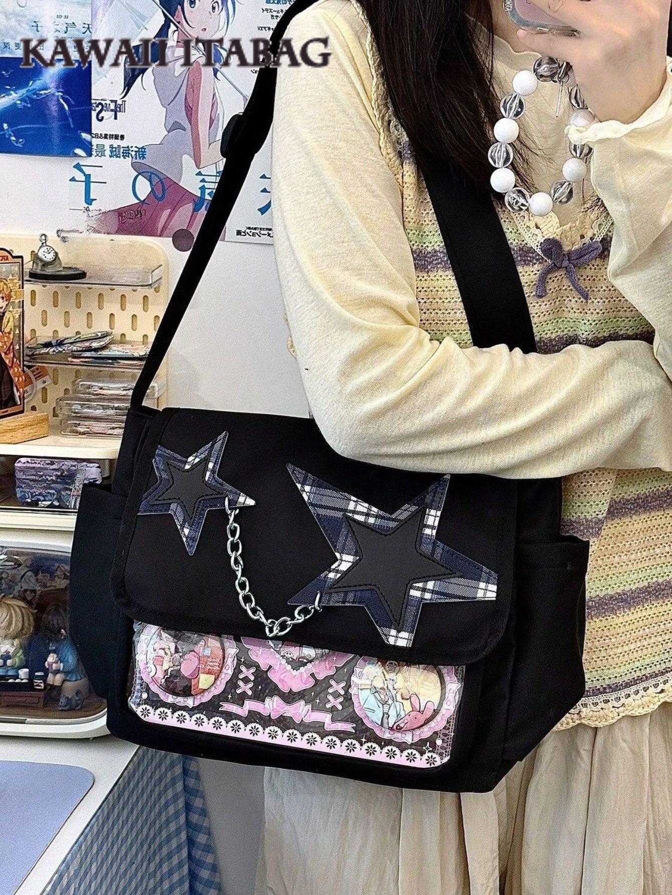 Black star chain ita messenger bag crossbody worn view